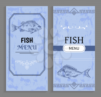 Menu of dishes with fish templates with decorative frames in blue color. Seafood cuisine card, gourmet marine food poster with ornamental elements