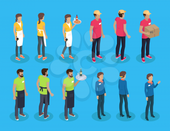 Waiter and waitress set of icons. People with trays and wine glass. Manager and delivery man with ordered parcel deliverer person and package vector