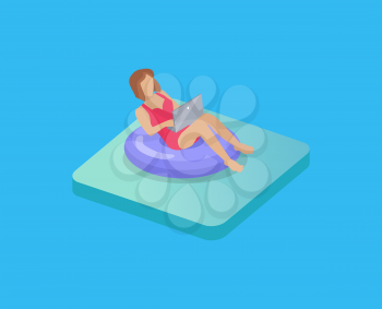 Woman or girl having rest in pool and working on freelance. Isometric character in swimming circle with laptop. Remote workplace for businesswoman.