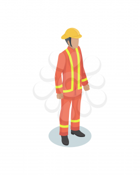Firefighter man wearing yellow vivid uniform. Person with protective helmet on head. Fireman saving people from fire and flames isolated on vector