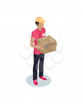 Courier profession representative isometric icon. Vector errand-boy workman from delivery service holding package or order box in hands isolated.
