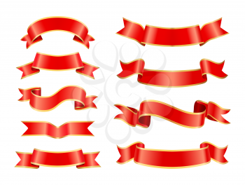 Glossy silk or satin decorative waviness ribbon types isolated. Old heraldic vector curled tapes and fluttering stripes for modern ornamentation.