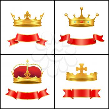 Crowns symbol of regal power and red banners set. Corona with diamonds and gemstones. Gold coronet diadem with golden cross on top isolated  vector