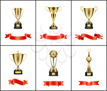 Gold trophy cup, award with red ribbons vector decoration. Goblet with handles, shaped statuette with earth and man with wreath icons, scroll strips