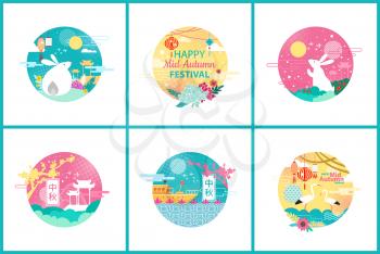 Happy mid autumn festival set, vector banner. Rabbits and heron couple, flower and paper lantern, cherry blossom, Chinese hieroglyphs, cartoon style
