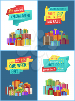 Premium discount and super sale hot price posters set. Only one week clearance. Gift boxes with decoration tied bows and wrapping isolated on vector