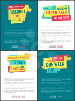 Special sale offer posters set and banners. Editable text sample propositions and deals super discounts for clients of shops. One week only vector