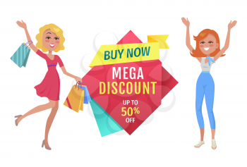 Special offer vector banner with people shopping. Mega discount badge and smiling young ladies with packages for purchase advertising in cartoon style