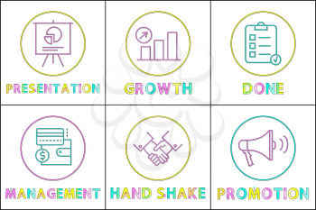 Presentation and growth, checklist task done mark and management icons set. Hand shake and promotion. Loudspeaker and whiteboard vector illustration