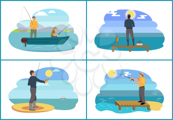 Fishing on lake in boat set. Person standing on river bank holding caught fish in hands. Person on wooden pier with long rod, vector illustration