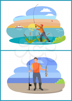 Fishing fisherman with rod and fish icon. Standing fishers with fish-rods, just caught trout, in bulrush, isolated on landscape vector illustration