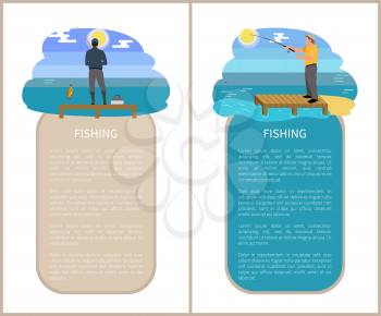 Fishing poster activities posters set with headlines and text sample. People with rods and tackle boxes catching fish. Fisherman vector illustration