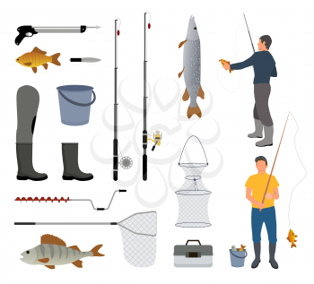 Fishing man with fish, fish-rod and tackle icon. Nets and icebreaker, bucket and box, harpoon and knife, rubber boot and spinning vector illustration