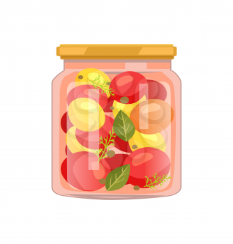 Twist-top glass jar including red and yellow tomato veggie, bay leaf, whole pepper and dill seasoning. Homemade canned vegetable mix vector illustration.