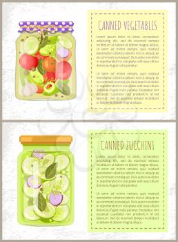 Canned pickled vegetable mix and zucchini in glass jars vector illustration. Squash and tomatoes, onion and cucumber with dill and garlic seasoning posters