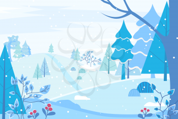 Winter landscape in forest. Wintertime in nature woods with spruce, pine trees and bushes with berries. Snowy grounds and branches covered with snow. Winter scenery with foliage vector in flat