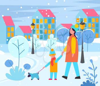 Mother and child walking with pet on leash. Evening cityscape with buildings exteriors. Facade of homes at street with lantern lights. Mom and son with dog. Owners of puppy in clothes. Vector in flat