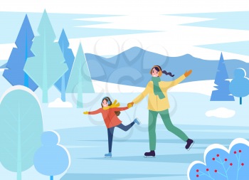 Mother and daughter spending winter vacation together. Mom and kid on ice rink improving figure skating skills. Landscape with mountains and pine trees, bushes with red berries, vector in flat