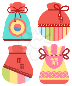 Traditional chinese fortune bag vector, isolated fabric cloth with thread stuffed with symbols of prosperity. Chinese lucky bag. Holiday in China and celebration special occasions, oriental traditions