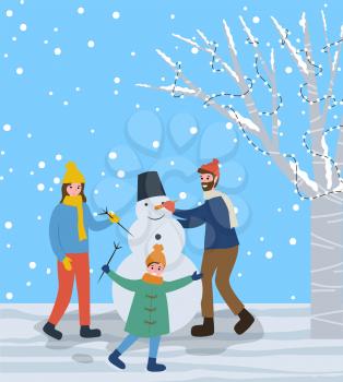 Mother and father sculpting snowman with carrot nose and branch arms. Happy family spending time outdoors together. Winter activities in forest or park. Vacation of kids and xmas holidays vector