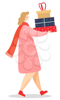 Woman wearing warm clothes carrying presents on holidays. Celebration of special occasion, giving gifts. Lady in long coat and knitted scarf holding boxes in wrapping paper and threads vector