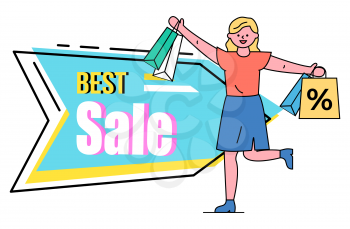 Woman with bags buying products on sale vector, best discounts and promotions at shops. Female character , lady holding purchases in hands happy shopping on coupons. Reductions in prices in stores