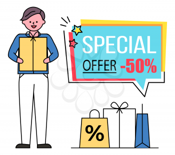 Guy holding vector carton box in hands. Special offer, 50 percent off price in stores. Shopping bags on ground, man buy products and gifts. Caption on blue label with advertising, minimalism