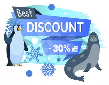Winter sale with best discounts in shops. Up to 30 percent off price. Emperor penguin and sea calf, cartoon characters. Promotion with designed caption and animals. Vector illustration in flat style