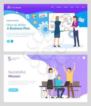 How to write business plan, successful mission, people with rising hands. Man and woman communication with laptop and desk, cooperation vector. App slider, webpage or website template in flat style