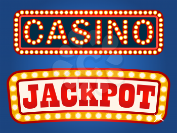 Vintage style of signboards with electric bulbs vector, isolated casino and jackpot inscription. Signs attracting attention, glowing and shining banners