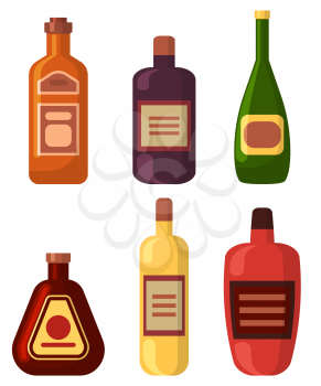 Alcoholic drinks set, isolated bottles of beer, champagne and liqueur. Flat style containers with emblems, refreshing beverages with spirit, booze