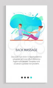 Foot massage vector, masseuse using feet to rub back of client. Person helping customer to deal with pain relief, ache of female on floor. Website or app slider template, landing page flat style