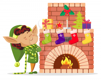 Elf boy near fireplace, christmas eve. Character dressed in traditional costume and hat stand in living room. Boxes and colorful socks with presents and gifts on hearth. Vector illustration in flat