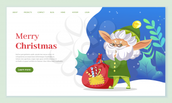 Merry christmas celebration of winter holidays. Old elf with beard and green hat with bag full of sweets and foliage. Xmas character in woods. Website or webpage template, landing page flat style