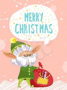 Merry christmas designed caption on greeting postcard. Elf stand in traditional green costume and greet people. Character with red sack of presents for children. Vector illustration in flat style