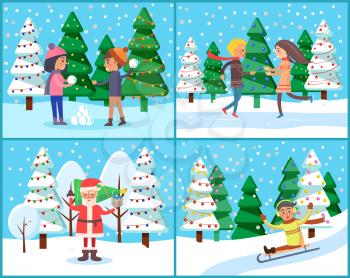 Character in winter landscape, set of people in parks with trees covered with snow. Santa Claus and kids playing snowball fight. Child downhill on sledges, xmas celebration and activities vector