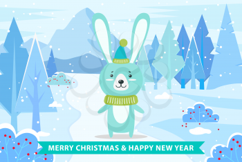 Merry Christmas and happy new year, greeting card for winter holidays celebration. Rabbit wearing knitted scarf and hat standing in forest. Bunny and landscape with trees. Hare with long ears vector