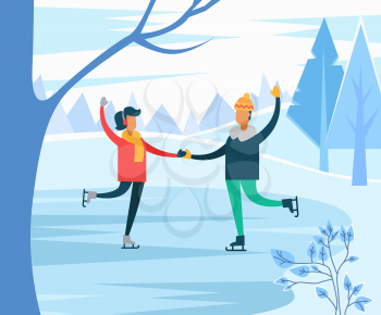 Hobby of man and woman figure skating on ice rink in park. Couple holding hands giving performance. Pair training in winter sports. Leisure of friends at weekends. Vector in flat style illustration