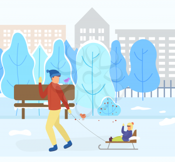 Father and son sitting on sleds, winter landscape with buildings and trees covered with snow. Town in wintry season. Sledding kid and dad pulling sleigh. Cityscape with skyscrapers. Vector in flat