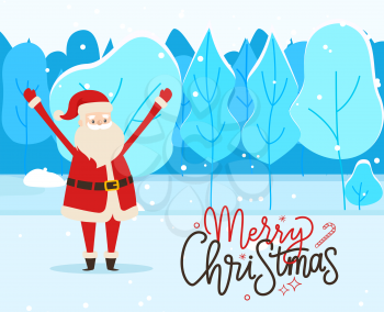 Merry christmas greeting postcard. Santa claus standing on ground in snowy forest. Christmas time in december, traditional winter holiday. Vector illustration of greet of character in red clothes