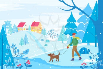 Winter cityscape with houses on hill. Man walking dog on leash. City landscape with trees and bushes. Frosty day in cold season of year. Strolling and relaxing male. Vector in flat style illustration
