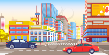 Cars on city roads vector, transportation in town. Cityscape with greenery and transport, skyscrapers and tower, billboards and advertisements center