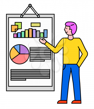 Man presenting new planning of company development. Isolated presenter with whiteboard with flowcharts and diagrams with segments. Male showing information on board vector in flat style