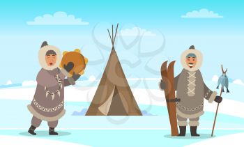 Eskimo men standing near shelter like wigwam. Indigenous north people in warm clothes, winter coat, gloves and boots. Arctic person with fishes and skies. Vector illustration, beautiful landscape