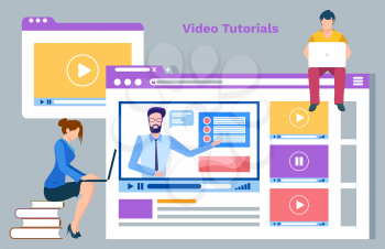 Online courses in internet vector, video tutorials and website with information on discipline details. Man and woman using laptops education and studies