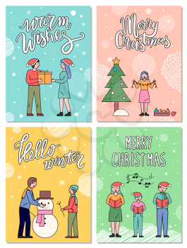 Four winter postcards that greeting with traditional holiday. People having fun and greet each other and wishing Merry Christmas. Vector captions with warm wishes, poster with family making snowman