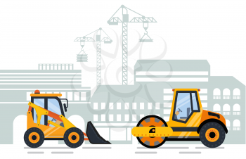 Cityscape and working machinery vector. City building and construction equipment, tractor and excavator cranes and lifting machine flat style work