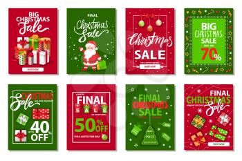 Christmas sale vector, isolated set of cards for winter holidays clearance. Discounts of shops celebration of seasonal offers. Banners with decoration and symbols of xmas and new year flat style