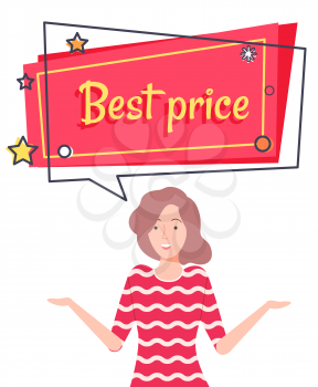 Best price with discount on sale capture on pink field. Good deal for people. Happy brunette girl offering on white background vector illustration