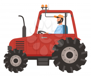 Farmer working vector, man driving tractor, isolated male with agricultural machinery on field, countryside and rural area, harvesting and cultivation